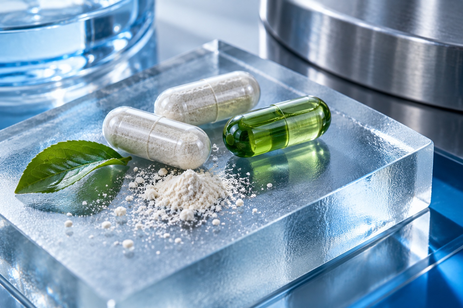 Clear supplement capsules and botanical ingredients in a cool blue laboratory still life