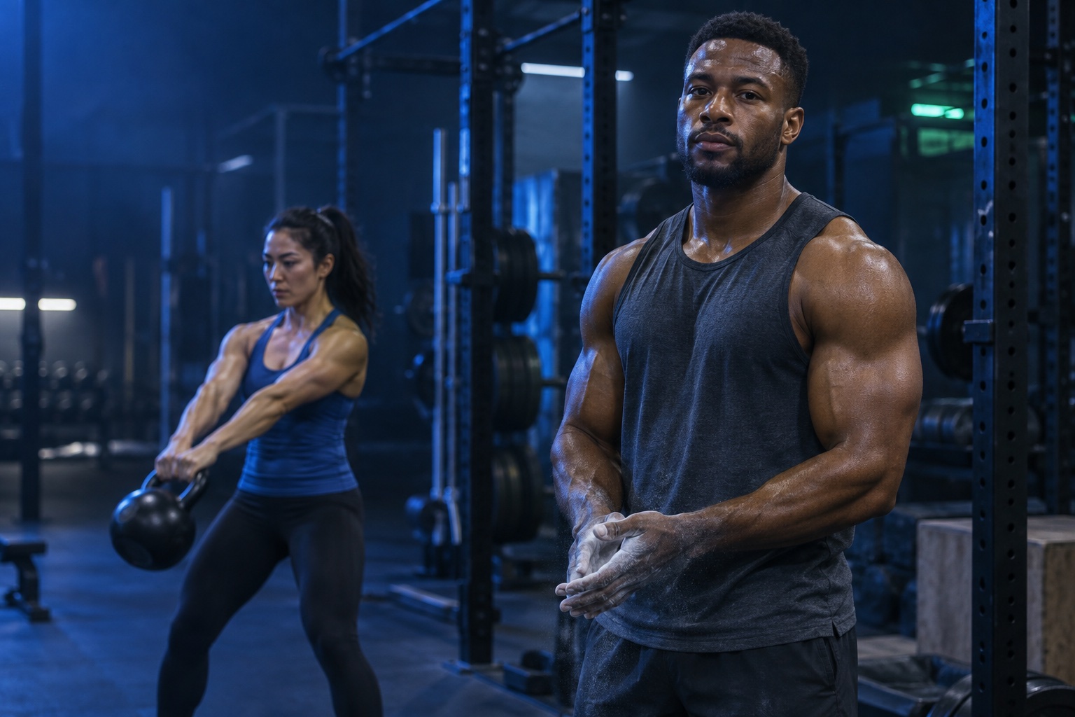 Two athletes strength training in a modern gym