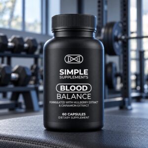 Black Blood Balance capsule bottle with white Simple Supplements branding in a fitness gym