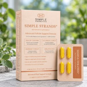 Original Simple Strands box and yellow-capsule blister pack in a green botanical wellness setting