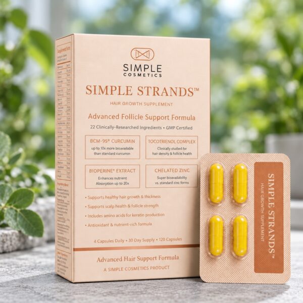 Original Simple Strands box and yellow-capsule blister pack in a green botanical wellness setting