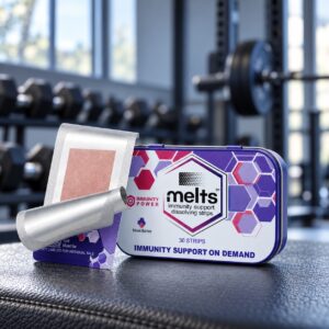 Melts™ Immunity Dissolving Strips tin on a dark workout bench in a bright gym