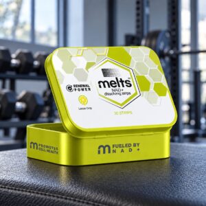 Melts™ NAD+ Dissolving Strips tin on a dark workout bench in a bright gym
