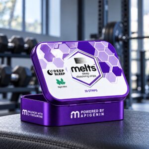 Melts™ Sleep Dissolving Strips tin on a dark workout bench in a bright gym