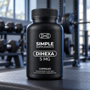 Dihexa Capsules 5 MG black bottle with white Simple Supplements branding on a gym bench