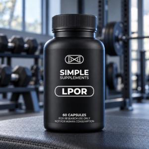 LPOR black bottle with white Simple Supplements branding on a gym bench