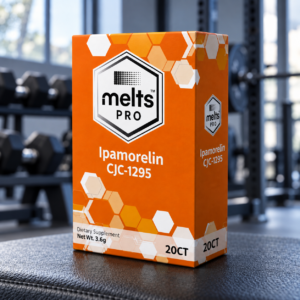 Melts Pro™ Ipamorelin + CJC-1295 Dissolving Strips orange box with original Melts Pro branding on a gym bench