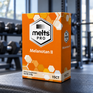 Melts Pro™ Melanotan II Dissolving Strips orange box with original Melts Pro branding on a gym bench