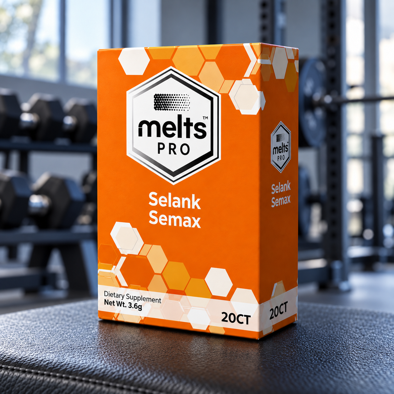 Melts Pro™ Selank + Semax Dissolving Strips orange box with original Melts Pro branding on a gym bench