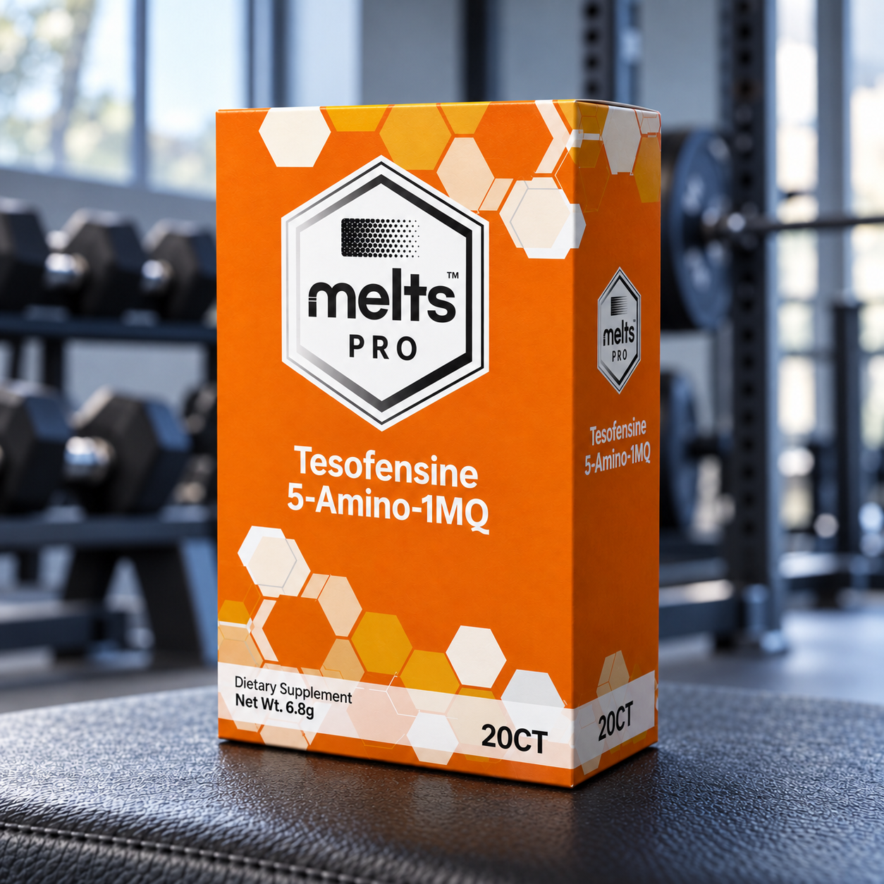 Melts Pro™ Tesofensine + 5-Amino-1MQ Dissolving Strips orange box with original Melts Pro branding on a gym bench