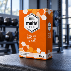 Melts Pro™ Wolverine Recovery Dissolving Strips orange box with original Melts Pro branding on a gym bench