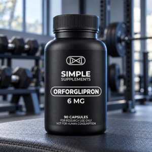 Orforglipron 6MG 90 Capsules 6 MG black bottle with white Simple Supplements branding on a gym bench