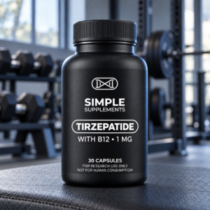 Tirzepatide Capsules with B12 WITH B12 • 1 MG black bottle with white Simple Supplements branding on a gym bench